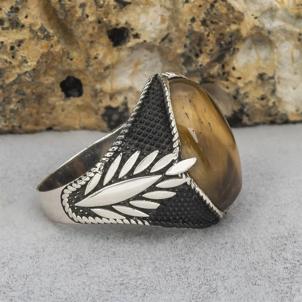 Kaplan Gözü Taşlı 925 Gümüş Erkek Yüzük - Resim 7