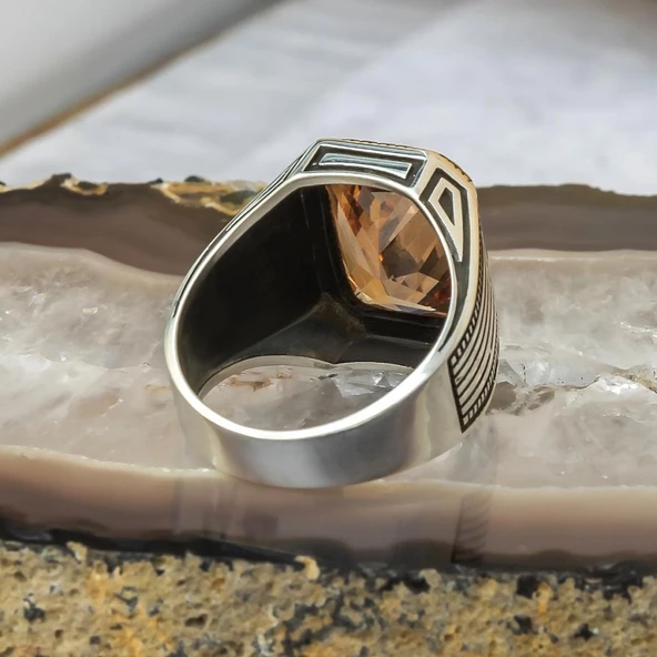 Sitrin Taşlı Yeni Tasarım 925 Gümüş Erkek Yüzük - 12