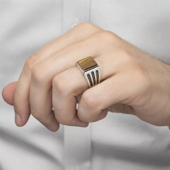 Kare Kaplan Gözü Taşlı 925 Gümüş Erkek Yüzük - Resim 11