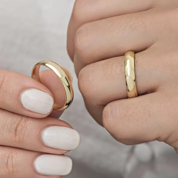 4 mm Bombeli Klasik Düz Altın Kaplama Tek Gümüş Alyans Yüzük - Resim 8