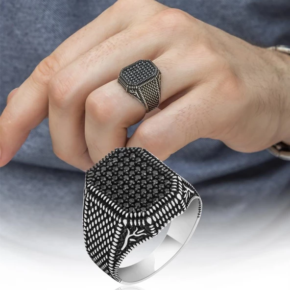 Lale Motifli Mikro Taşlı İşlemeli Gümüş Erkek Yüzük - Resim 7