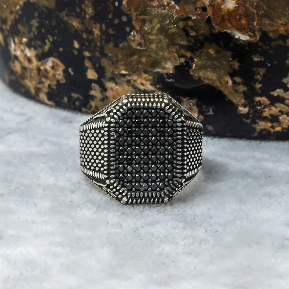 Lale Motifli Mikro Taşlı İşlemeli Gümüş Erkek Yüzük - Resim 4