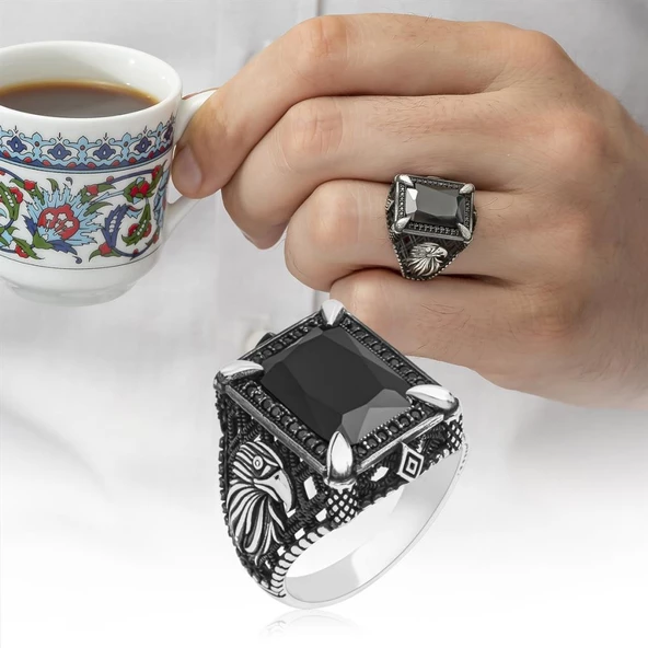 Kartal Motifli Kare Siyah Taşlı 925 Gümüş Erkek Yüzük - 11