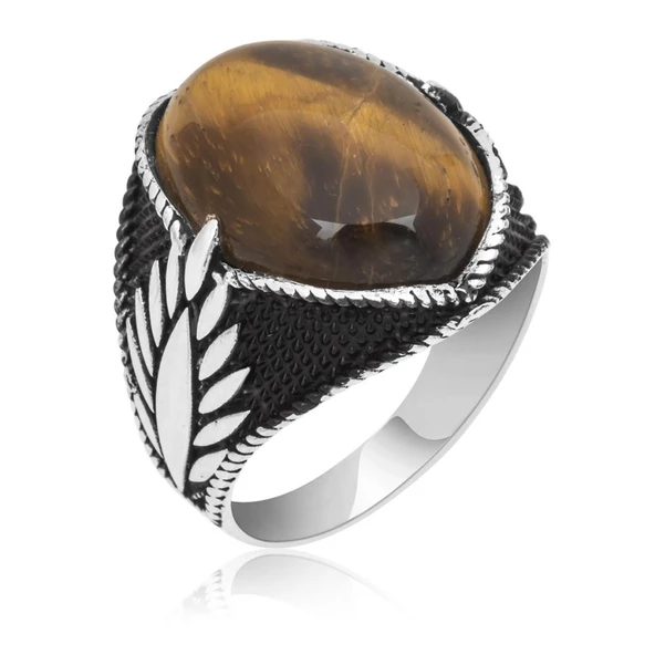 Kaplan Gözü Taşlı 925 Gümüş Erkek Yüzük - Resim 3