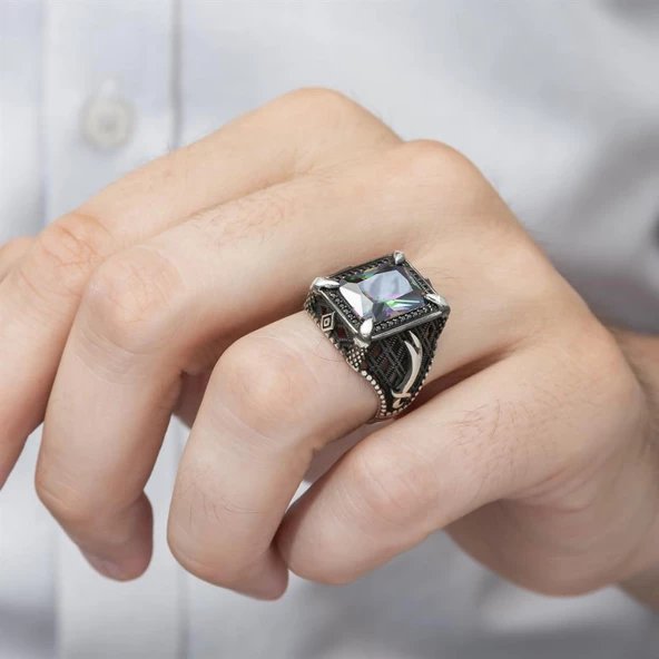 Zülfikar Desenli Kare Mistik Topaz Taşlı 925 Gümüş Erkek Yüzük - Resim 5