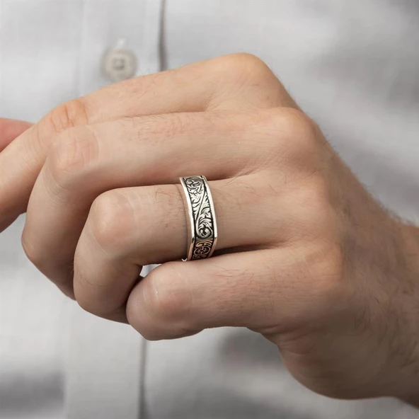Kalem İşlemeli Motifli Gümüş Erkek Yüzük - Resim 12