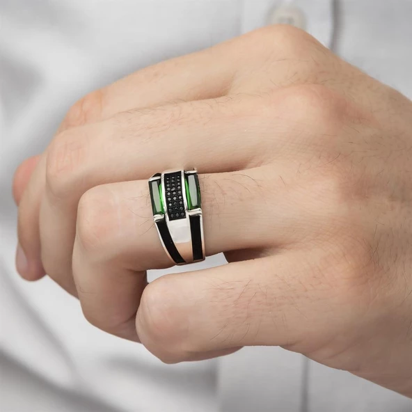 Baget Yeşil Taşlı 925 Gümüş Erkek Yüzük - Resim 4