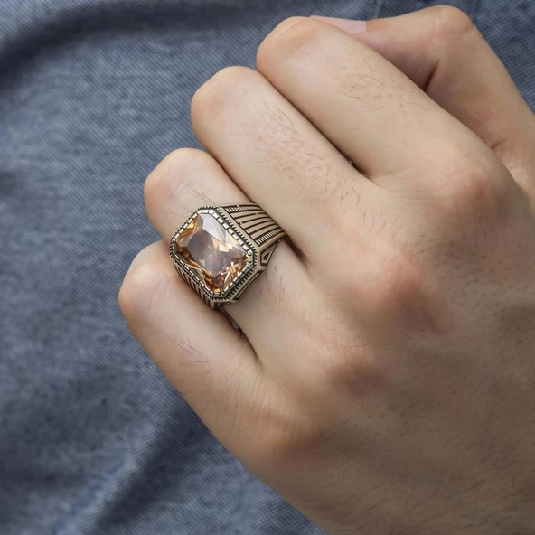 Sitrin Taşlı Yeni Tasarım 925 Gümüş Erkek Yüzük - 10