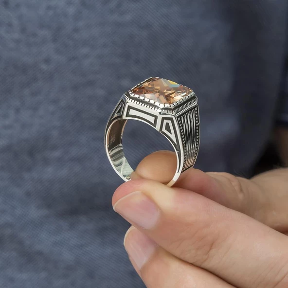 Sitrin Taşlı Yeni Tasarım 925 Gümüş Erkek Yüzük - 5