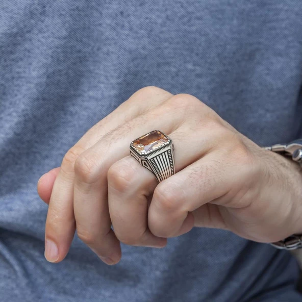 Sitrin Taşlı Yeni Tasarım 925 Gümüş Erkek Yüzük - 8