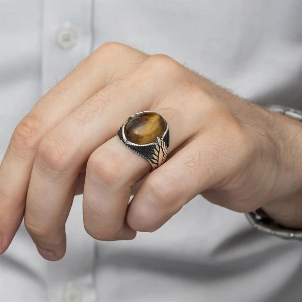 Kaplan Gözü Taşlı 925 Gümüş Erkek Yüzük - Resim 6