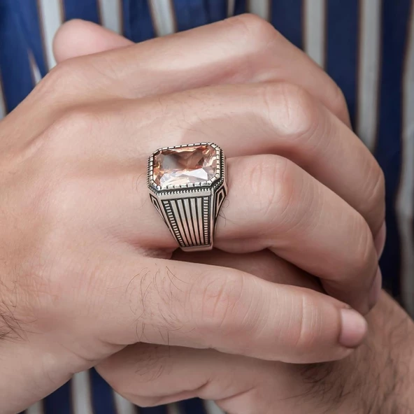 Sitrin Taşlı Yeni Tasarım 925 Gümüş Erkek Yüzük - 11