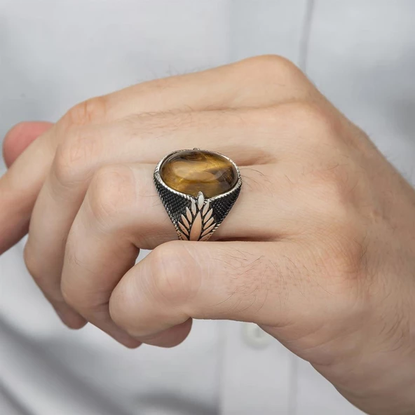 Kaplan Gözü Taşlı 925 Gümüş Erkek Yüzük - Resim 5