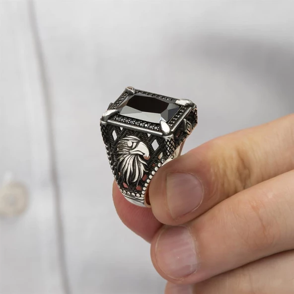 Kartal Motifli Kare Siyah Taşlı 925 Gümüş Erkek Yüzük - 9