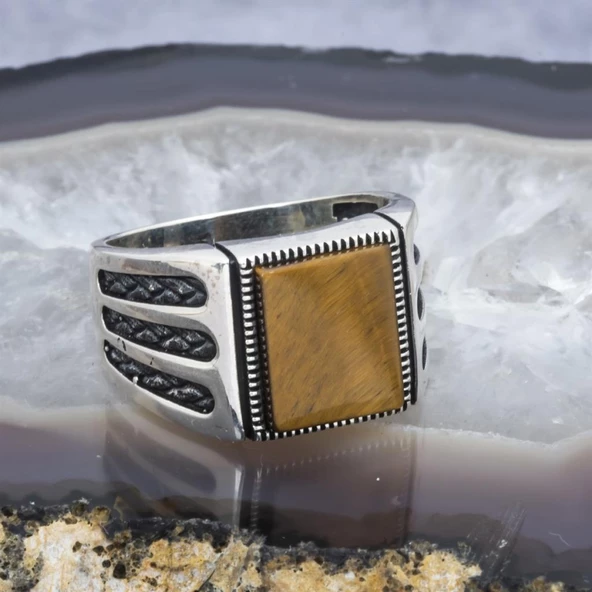 Kare Kaplan Gözü Taşlı 925 Gümüş Erkek Yüzük - Resim 8
