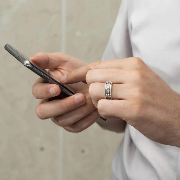 Kalem İşlemeli Motifli Gümüş Erkek Yüzük - Resim 9