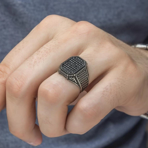 Lale Motifli Mikro Taşlı İşlemeli Gümüş Erkek Yüzük - Resim 8