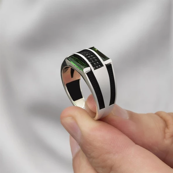 Baget Yeşil Taşlı 925 Gümüş Erkek Yüzük - Resim 5