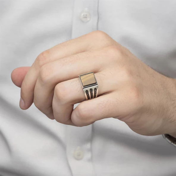 Kare Kaplan Gözü Taşlı 925 Gümüş Erkek Yüzük - Resim 12