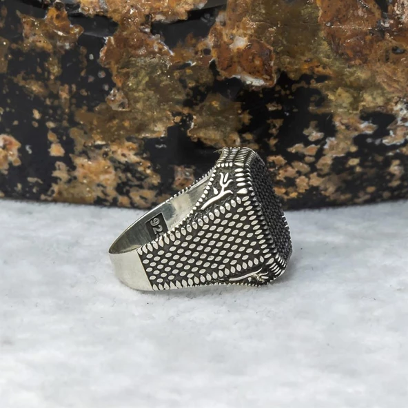 Lale Motifli Mikro Taşlı İşlemeli Gümüş Erkek Yüzük - Resim 5