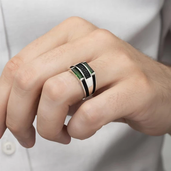 Baget Yeşil Taşlı 925 Gümüş Erkek Yüzük - Resim 3