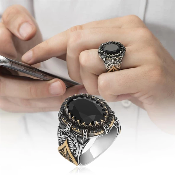 Oval Faset Kesim Siyah Taşlı 925 Gümüş Erkek Yüzük ürün görseli 1