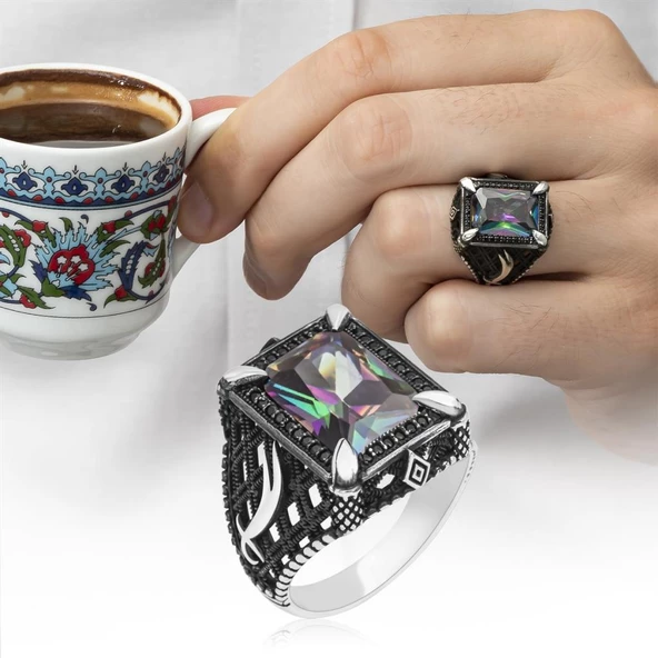 Zülfikar Desenli Kare Mistik Topaz Taşlı 925 Gümüş Erkek Yüzük ürün görseli 1