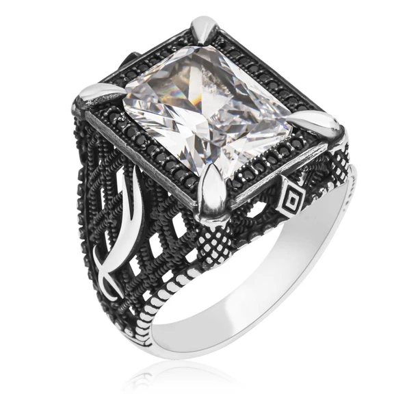 Zülfikar Desenli Beyaz Kare Zirkon Taşlı 925 Gümüş Erkek Yüzük - Resim 5