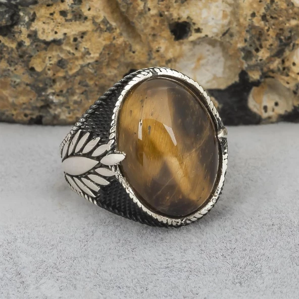 Kaplan Gözü Taşlı 925 Gümüş Erkek Yüzük - Resim 8