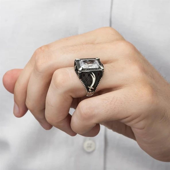 Zülfikar Desenli Beyaz Kare Zirkon Taşlı 925 Gümüş Erkek Yüzük - Resim 7