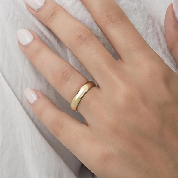 4 mm Bombeli Klasik Düz Altın Kaplama Tek Gümüş Alyans Yüzük - Resim 7