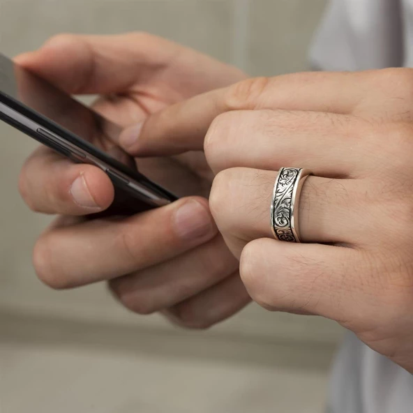 Kalem İşlemeli Motifli Gümüş Erkek Yüzük - Resim 7