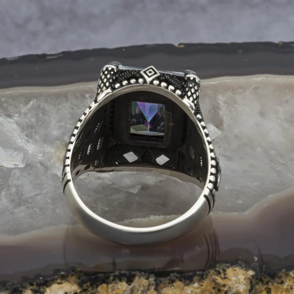 Zülfikar Desenli Kare Mistik Topaz Taşlı 925 Gümüş Erkek Yüzük - Resim 8