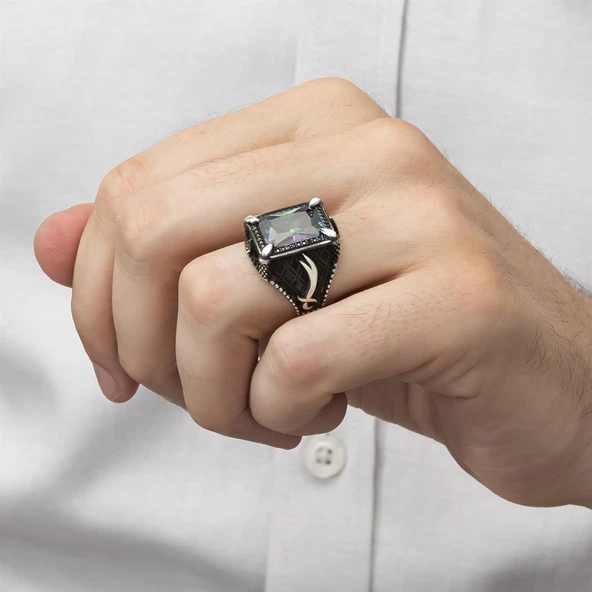 Zülfikar Desenli Kare Mistik Topaz Taşlı 925 Gümüş Erkek Yüzük - Resim 7