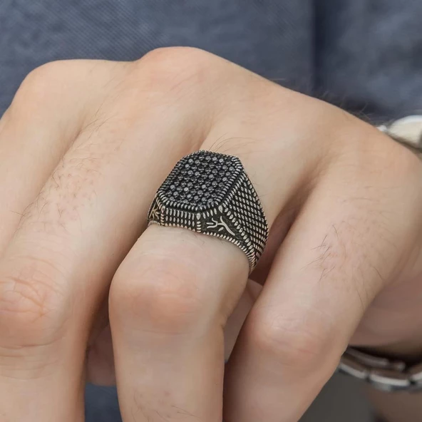 Lale Motifli Mikro Taşlı İşlemeli Gümüş Erkek Yüzük - Resim 3