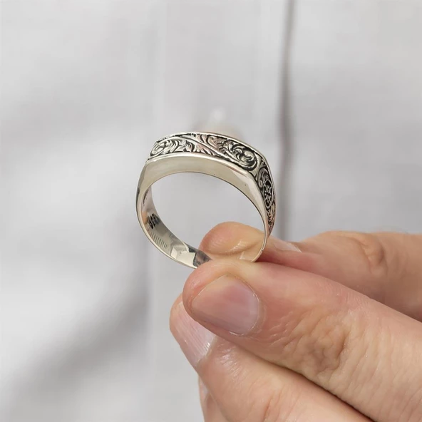 Kalem İşlemeli Motifli Gümüş Erkek Yüzük - Resim 11