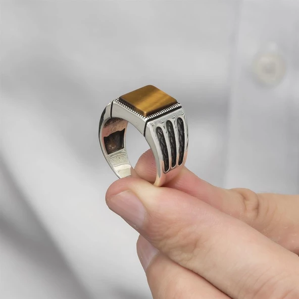 Kare Kaplan Gözü Taşlı 925 Gümüş Erkek Yüzük - Resim 5