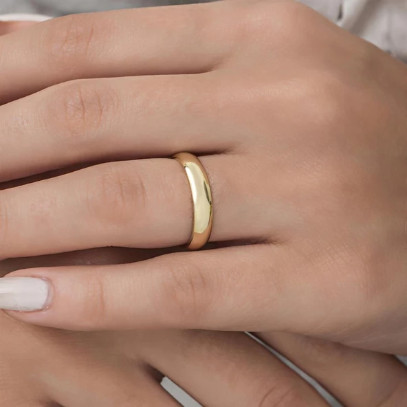 4 mm Bombeli Klasik Düz Altın Kaplama Tek Gümüş Alyans Yüzük - Resim 4