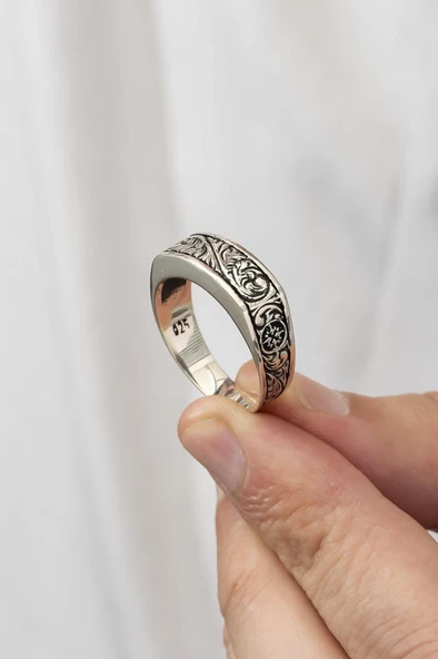 Kalem İşlemeli Motifli Gümüş Erkek Yüzük - Resim 5