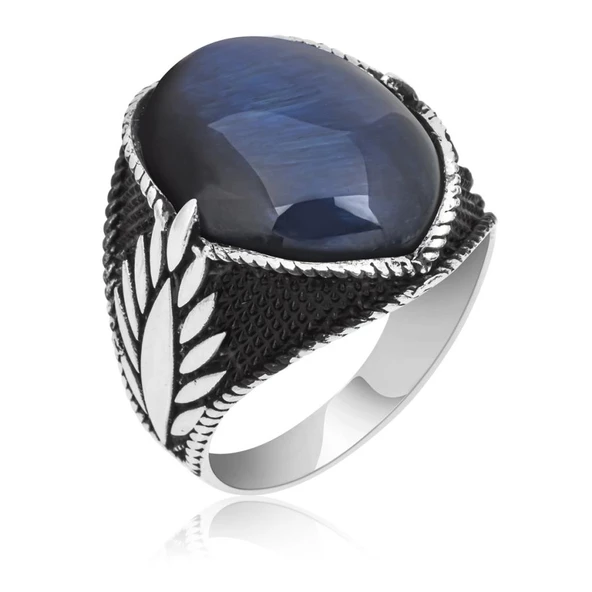 Mavi Kaplan Gözü Taşlı Oval 925 Gümüş Erkek Yüzük - Resim 10