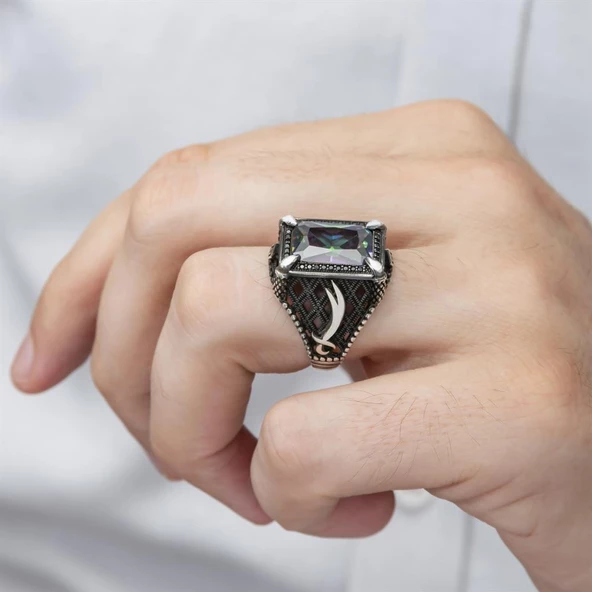 Zülfikar Desenli Kare Mistik Topaz Taşlı 925 Gümüş Erkek Yüzük - Resim 4