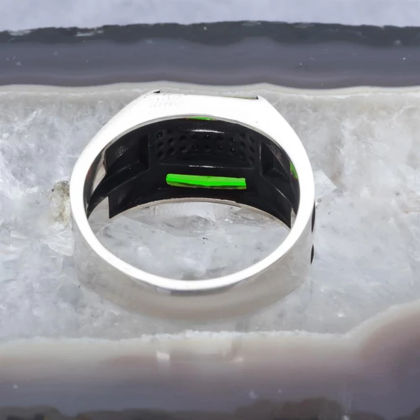 Baget Yeşil Taşlı 925 Gümüş Erkek Yüzük - Resim 7