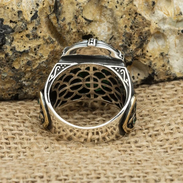 Oval Faset Kesim Yeşil Taşlı 925 Gümüş Erkek Yüzük - Resim 8