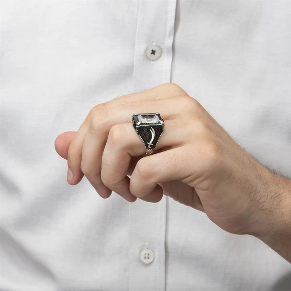 Zülfikar Desenli Beyaz Kare Zirkon Taşlı 925 Gümüş Erkek Yüzük - Resim 6