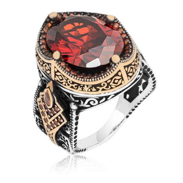 Kırmızı Taşlı 925 Gümüş Erkek Yüzük - 4