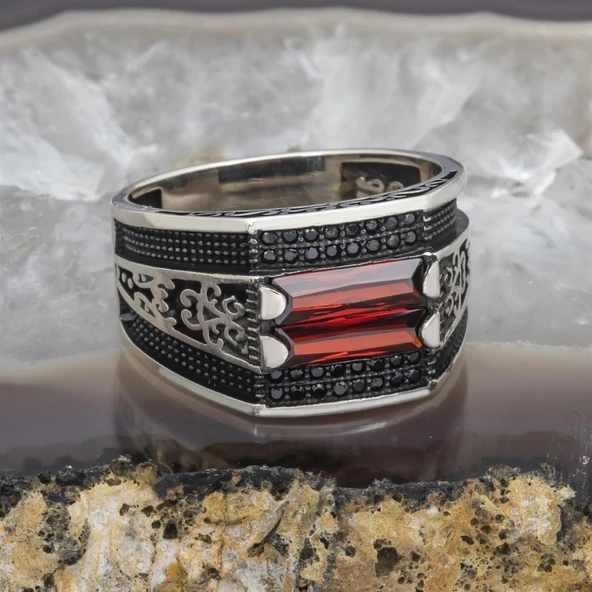 2 Sıra Kırmızı Taşlı 925 Gümüş Erkek Yüzük - Resim 8