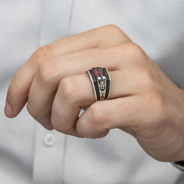 2 Sıra Kırmızı Taşlı 925 Gümüş Erkek Yüzük - Resim 2