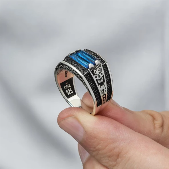 2 Sıra Mavi Taşlı 925 Gümüş Erkek Yüzük - 5