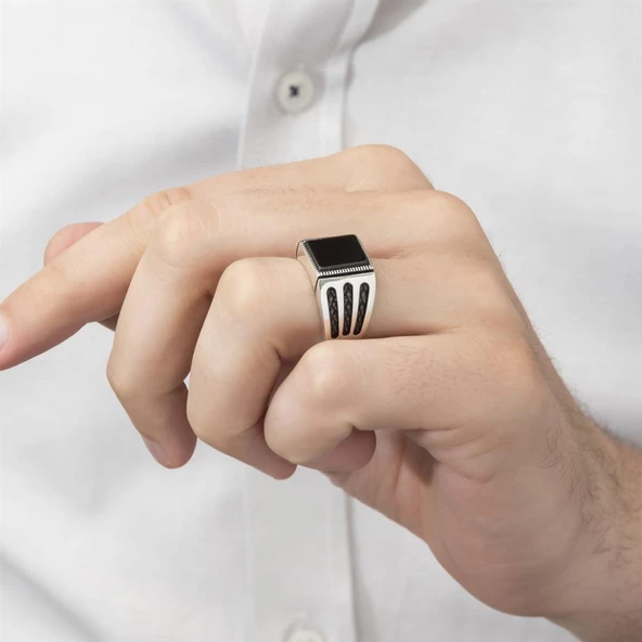 Kare Siyah Oniks Taşlı 925 Gümüş Erkek Yüzük - Resim 3
