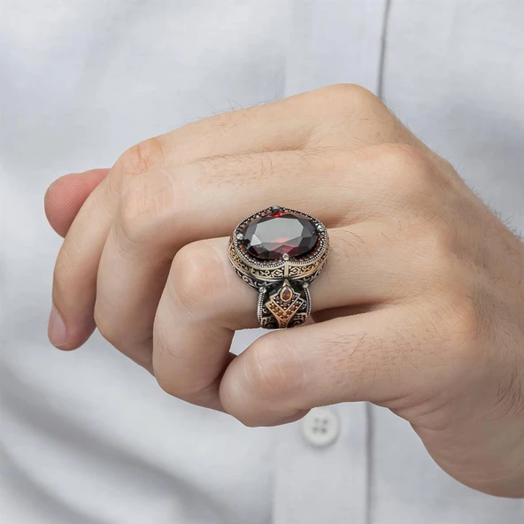 Kırmızı Taşlı 925 Gümüş Erkek Yüzük - 7